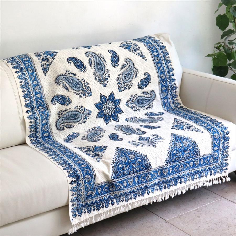 ペルシャ更紗・イラン手染め布/150x100cmサイズ ソファカバー・タペストリー　ブルー系ペイズリー柄 | 