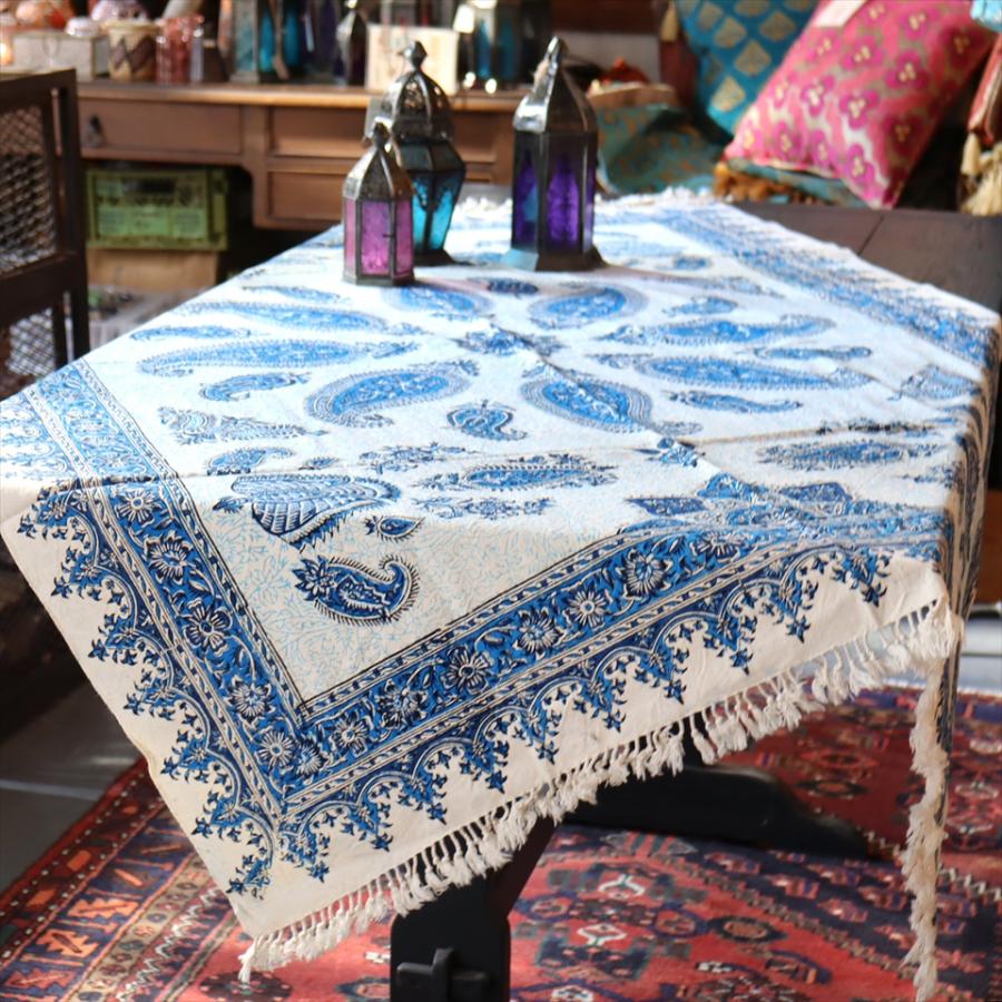 ペルシャ更紗 イラン手染め布 150x100cmサイズ ソファカバー タペストリー ブルー系ペイズリー柄 | ブランド登録なし