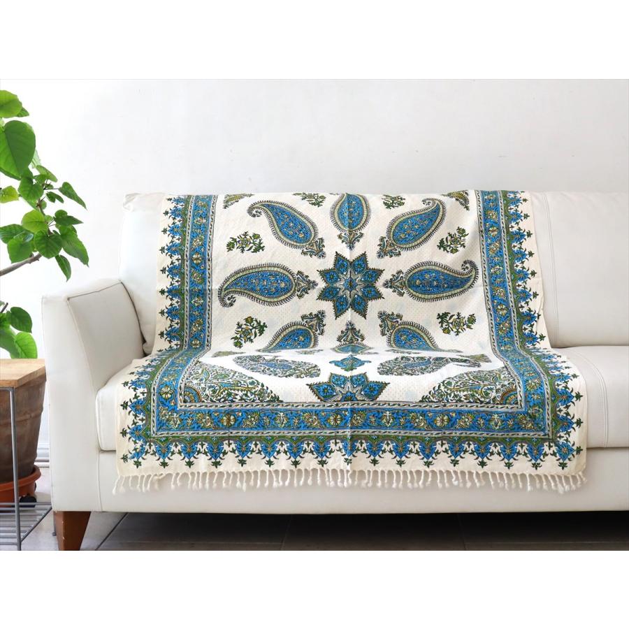 ペルシャ更紗 イラン手染め布 150x100cmサイズ ソファカバー タペストリー ブルー系ペイズリー柄 | ブランド登録なし