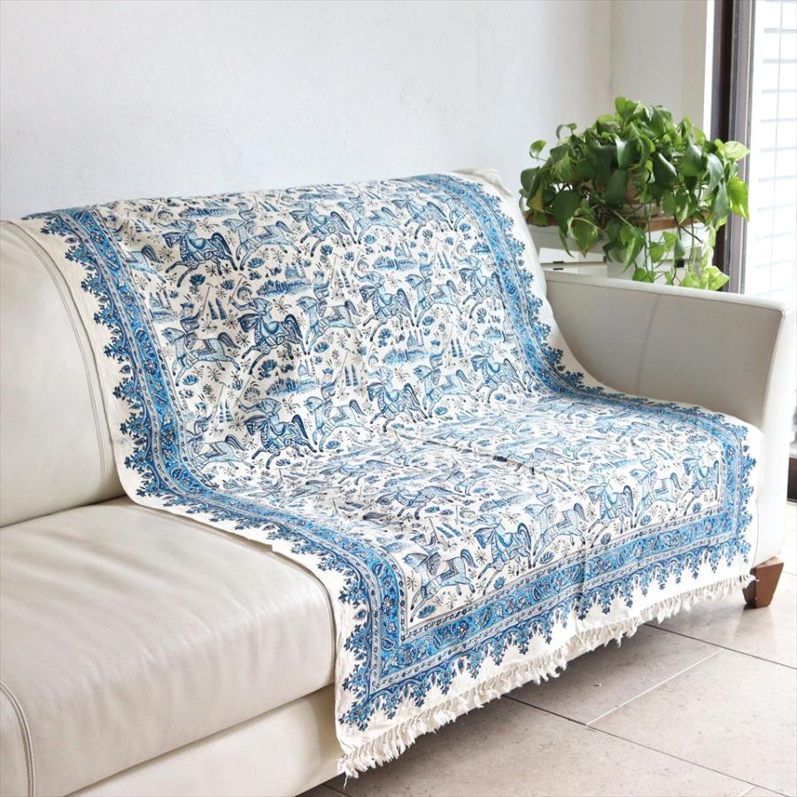 ペルシャ更紗 イラン手染め布 146x102cm ブルー 馬に乗る人の柄 イラン手染め布 テーブルクロス ソファーカバー | ブランド登録なし