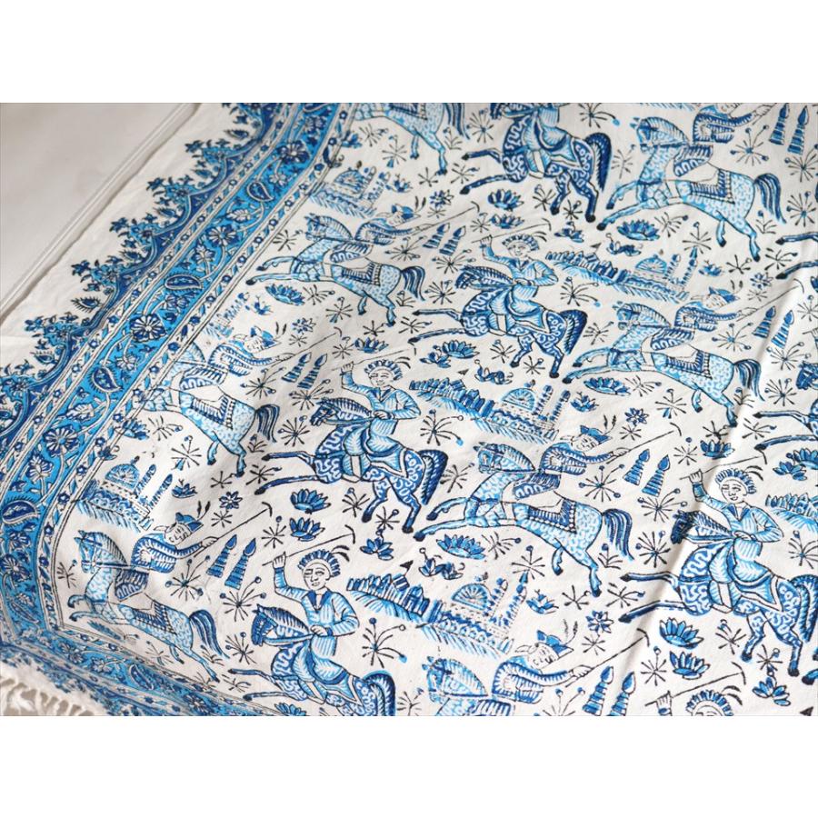 ペルシャ更紗 イラン手染め布 146x102cm ブルー 馬に乗る人の柄 イラン手染め布 テーブルクロス ソファーカバー | ブランド登録なし | 02