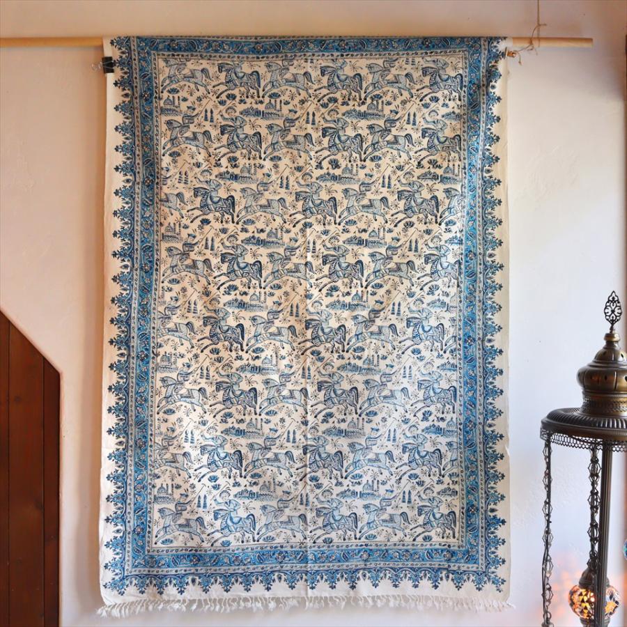 ペルシャ更紗 イラン手染め布 146x102cm ブルー 馬に乗る人の柄 イラン手染め布 テーブルクロス ソファーカバー | ブランド登録なし | 05