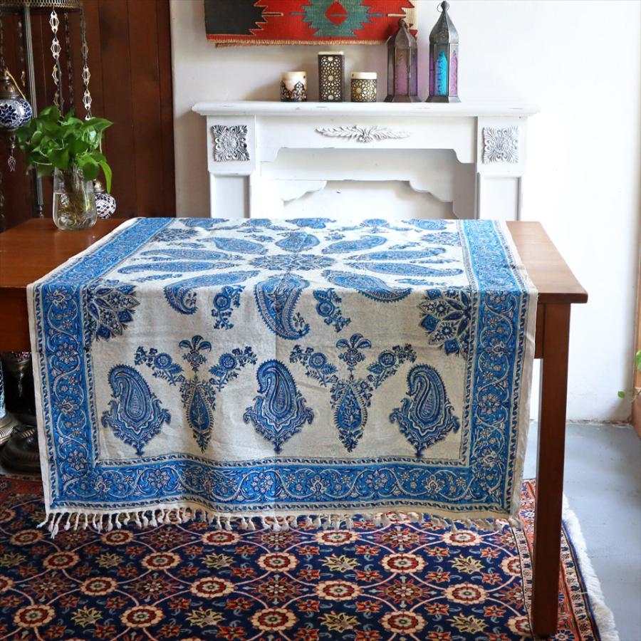 ペルシャ更紗 イラン手染め布 146×98cm ブルー系 ペイズリー テーブルクロス ソファーカバー | 