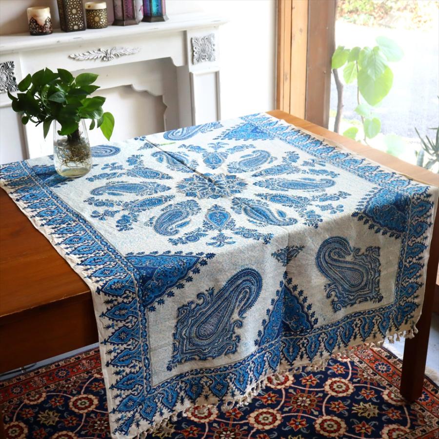 ペルシャ更紗 イラン手染め布 147×99cm ブルー系 ペイズリー テーブルクロス ソファーカバー | 