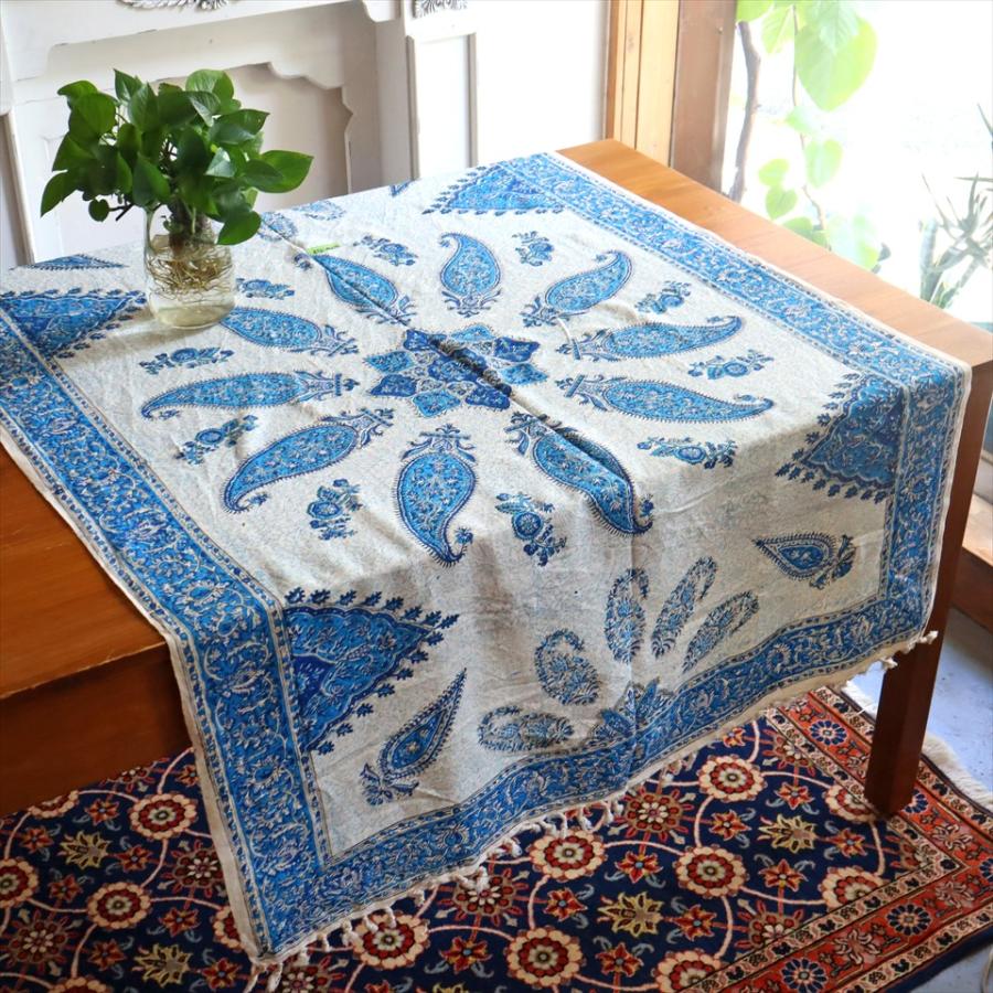 ペルシャ更紗 イラン手染め布 145×98cm ブルー系 ペイズリー テーブルクロス ソファーカバー | 