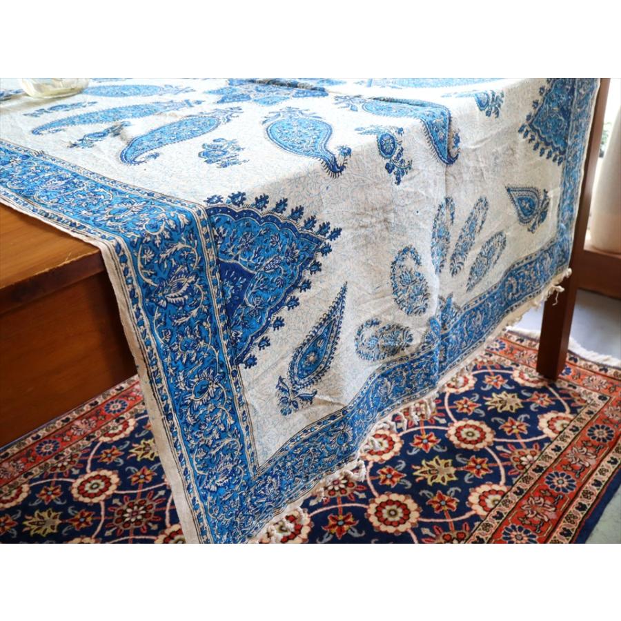 ペルシャ更紗 イラン手染め布 145×98cm ブルー系 ペイズリー テーブルクロス ソファーカバー |  | 02