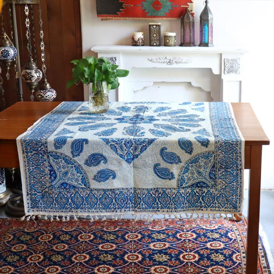 ペルシャ更紗 イラン手染め布 146×98cm ブルー系 ペイズリー テーブルクロス ソファーカバー | 