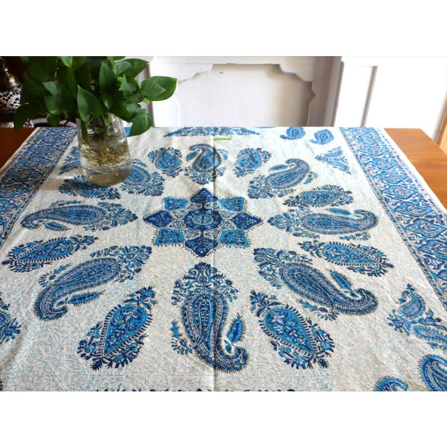 ペルシャ更紗 イラン手染め布 146×98cm ブルー系 ペイズリー テーブルクロス ソファーカバー |  | 02