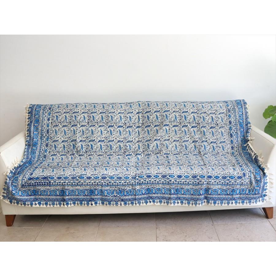 ペルシャ更紗 イラン手染め布 187x129cm ブルー系 ペイズリー柄