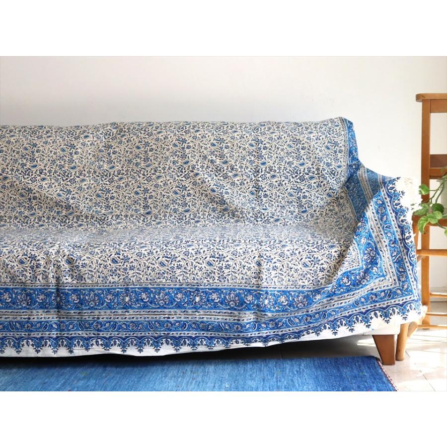 ペルシャ更紗・イラン手染め布/236x153cm ソファーカバー・テーブルクロス　ブルー系フラワー柄 |  | 01