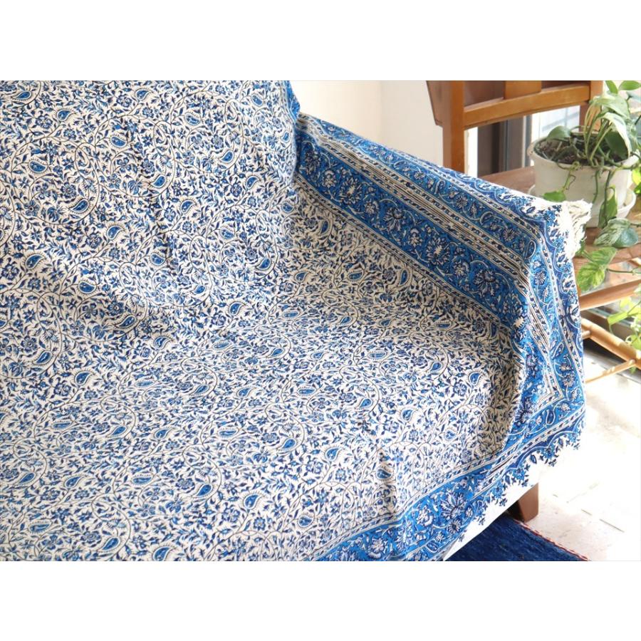 ペルシャ更紗・イラン手染め布/236x153cm ソファーカバー・テーブルクロス　ブルー系フラワー柄 |  | 02