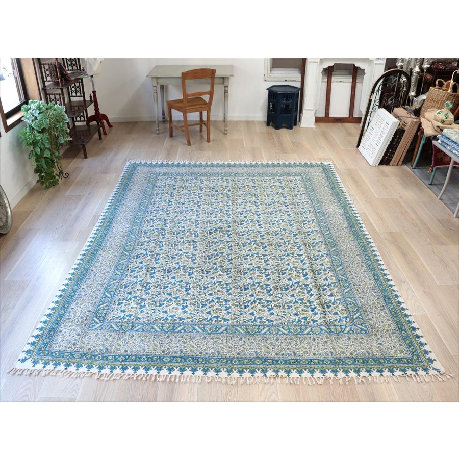 ペルシャ更紗 ガラムカール 272×209cm ブルー/グリーン系 葡萄柄  ソファーカバー ベッドカバー コットン |  | 07