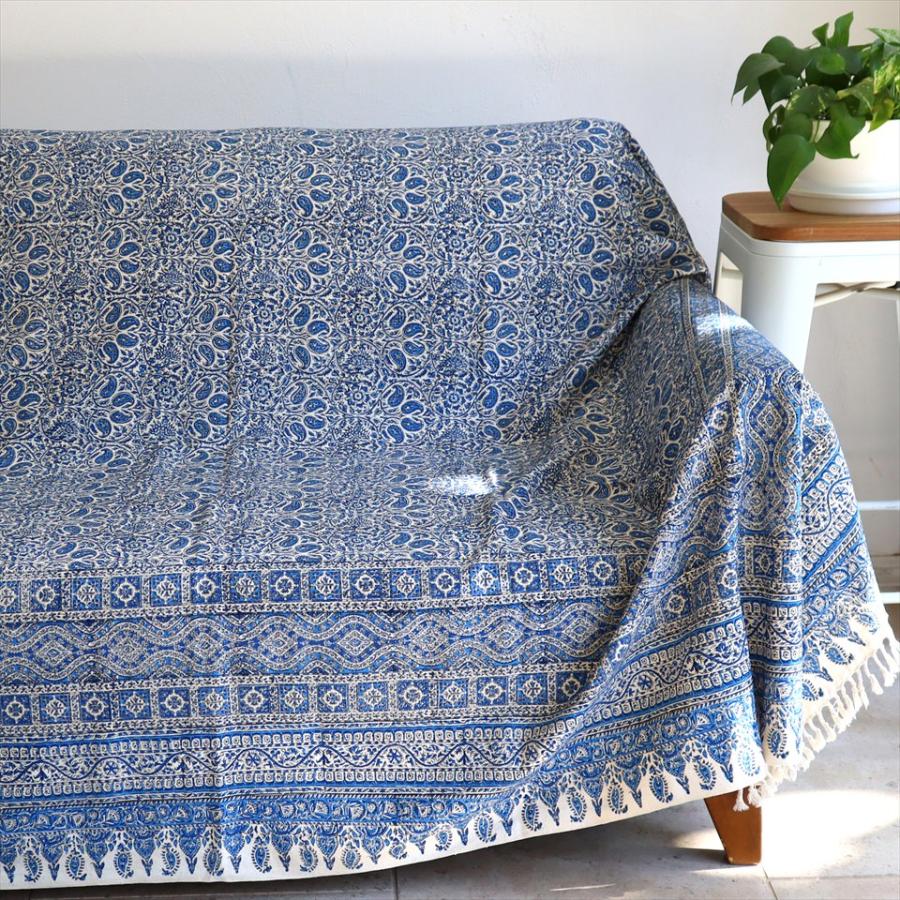 ペルシャ更紗 イラン手染め布 264x208cm ブルー アンティークデザイン