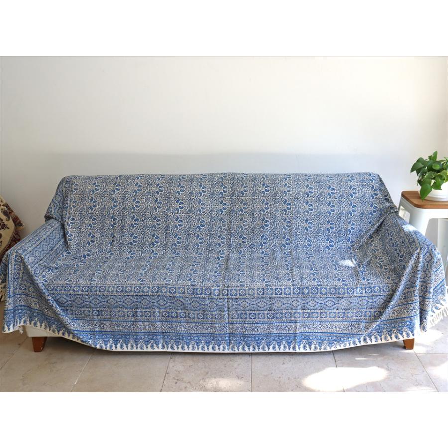 ペルシャ更紗 イラン手染め布 264x208cm ブルー アンティークデザイン