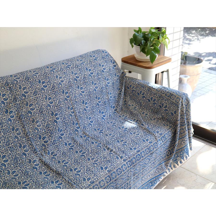 最終値下げ☆ イラン　ペルシャ絨毯　更紗　ベッドカバー 160x240 cm ペルシャ更紗 イラン手染め布 264x208cm ブルー アンティークデザイン