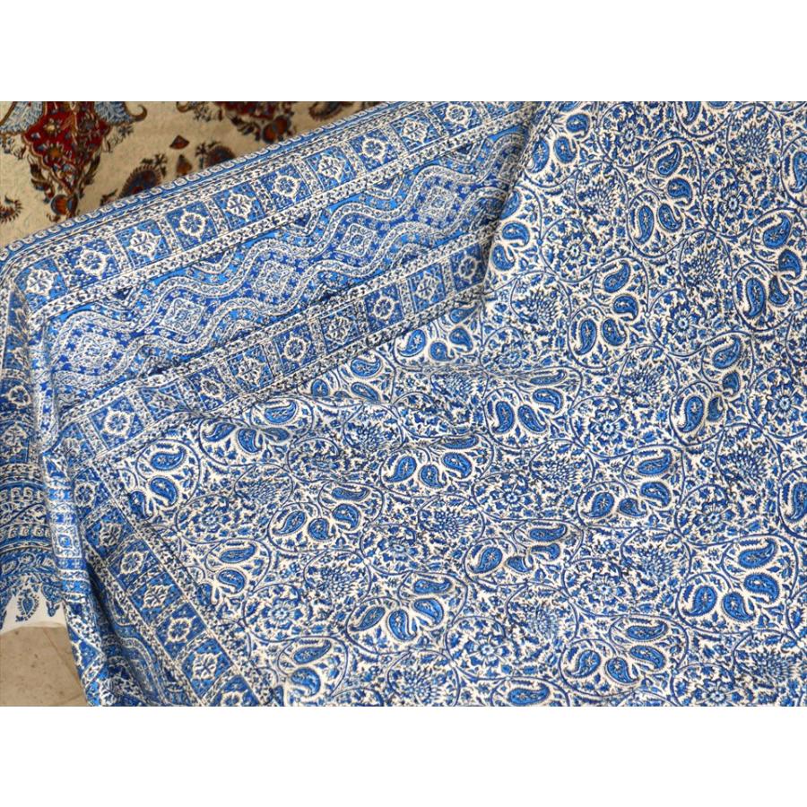 ペルシャ更紗 イラン手染め布 264x208cm ブルー アンティークデザイン