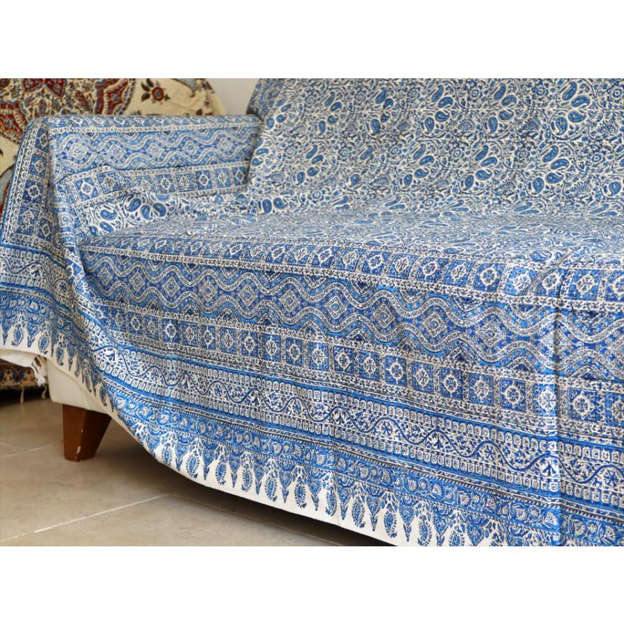 ペルシャ更紗 イラン手染め布 264x208cm ブルー アンティークデザイン