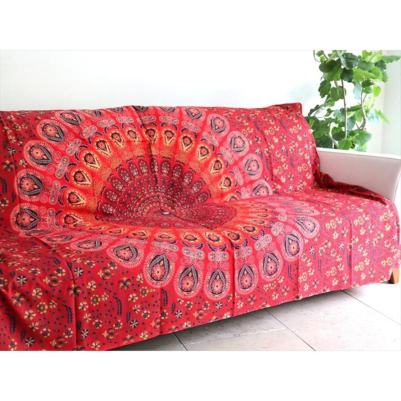 曼荼羅（まんだら)マルチクロス　シングル 200x133cm ピーコック　オレンジ/レッド インド製/綿100％ | ブランド登録なし | 01