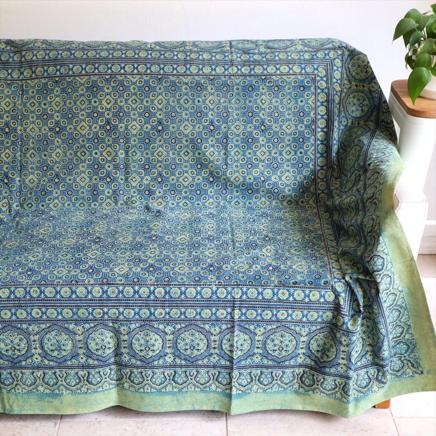 アジュラク染 ブルー インド更紗 ブロックプリント ベッドカバー ソファカバー | 