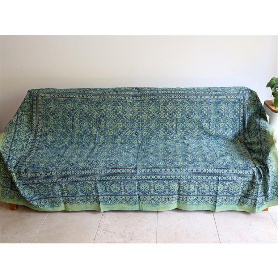 アジュラク染 ブルー インド更紗 ブロックプリント ベッドカバー ソファカバー |  | 01