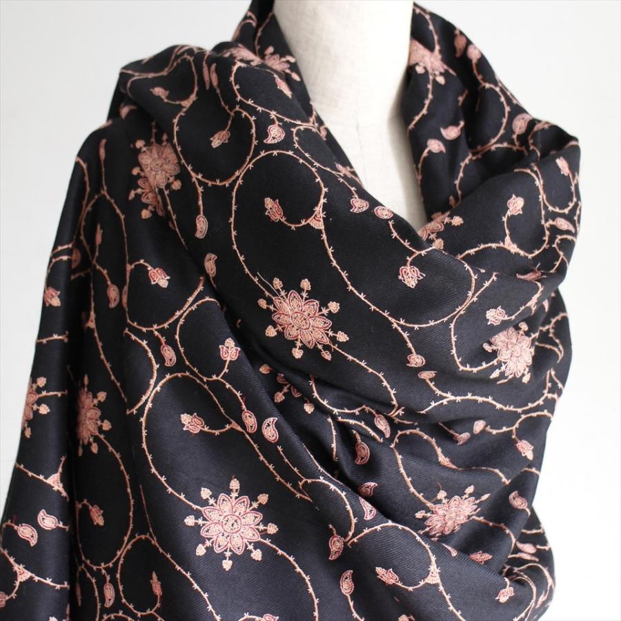 ウールストール・細かな刺繍/大判サイズ 204x105cm ブラック/1点もの