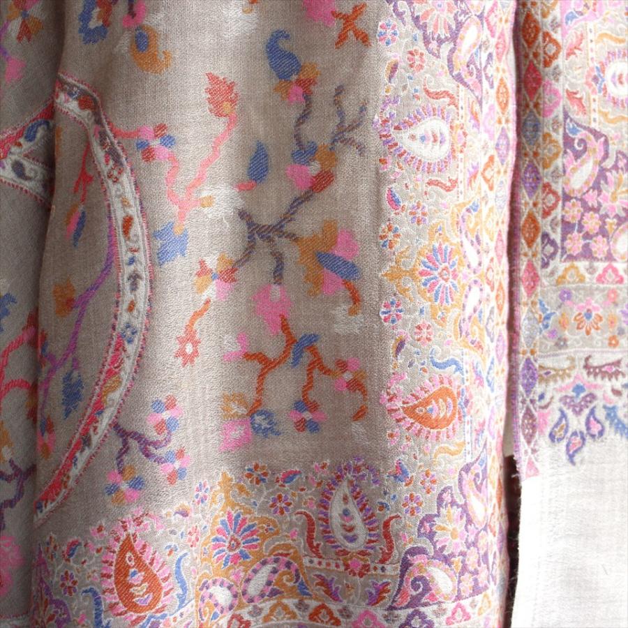 ウールのストール・/大判サイズ 201x106cm ライトブラウン・ペイズリーと花のモチーフ | ブランド登録なし | 05