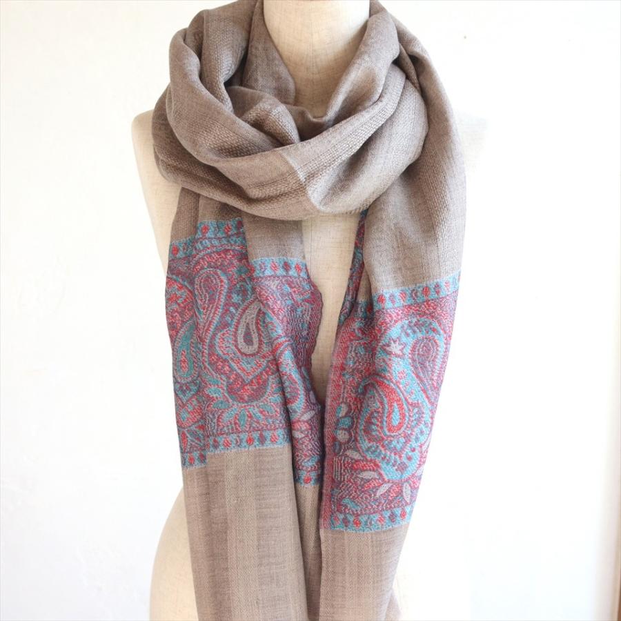 手織りのカシミアストール大判サイズ 198x72cm グレージュ/水色 | ブランド登録なし | 04