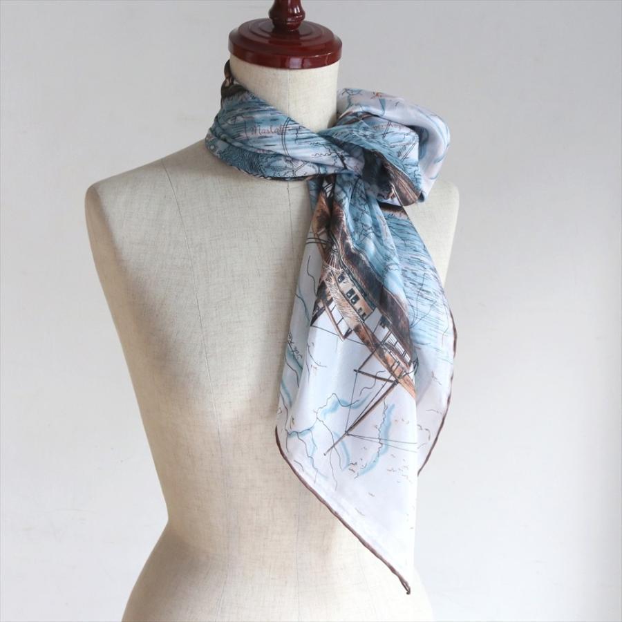 トルコ製（ブルサ）シルクスカーフ 90x90cm ブルー・ブラウン