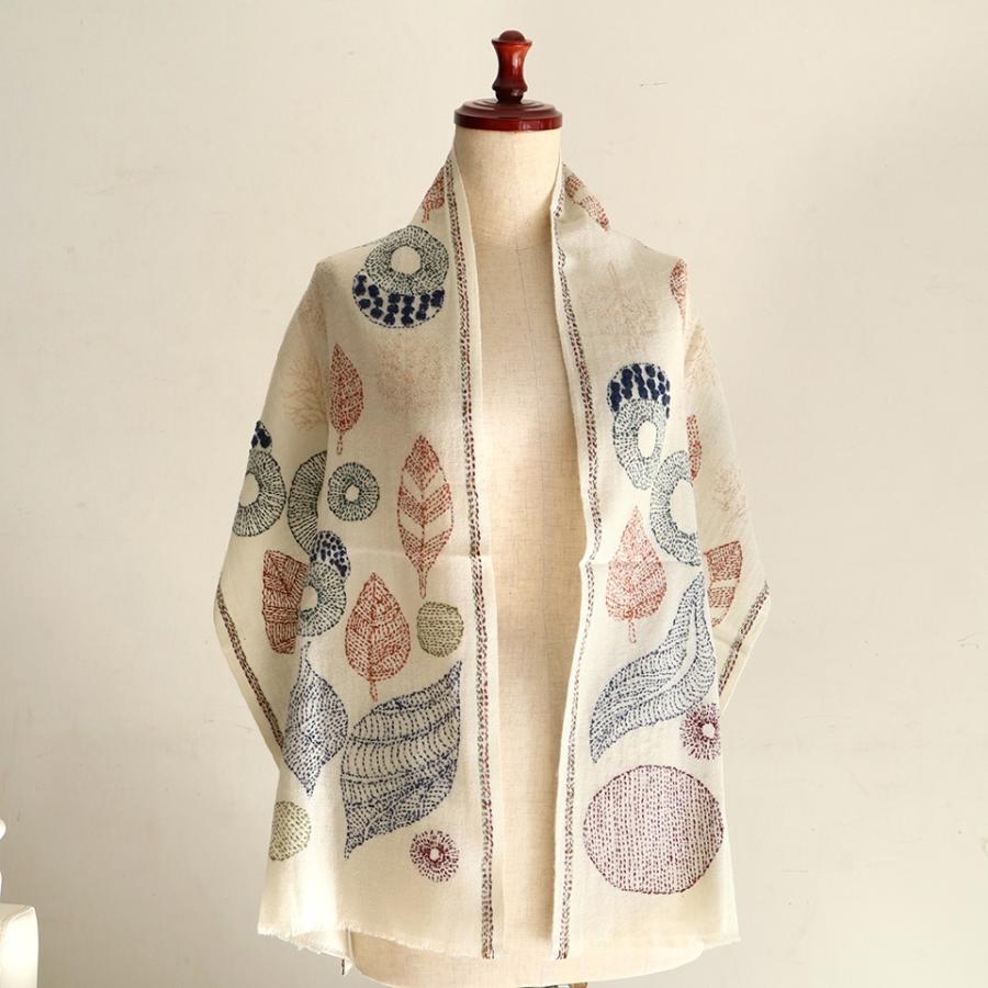 ナイロン混ウールストール　カンタデザインショール150x39cm アイボリー　葉っぱとサークル | ブランド登録なし | 04