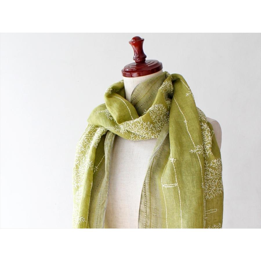 麻ショール ストール/リネンカンタ刺繍ショールライトグリーン 170×40cm | ブランド登録なし | 01