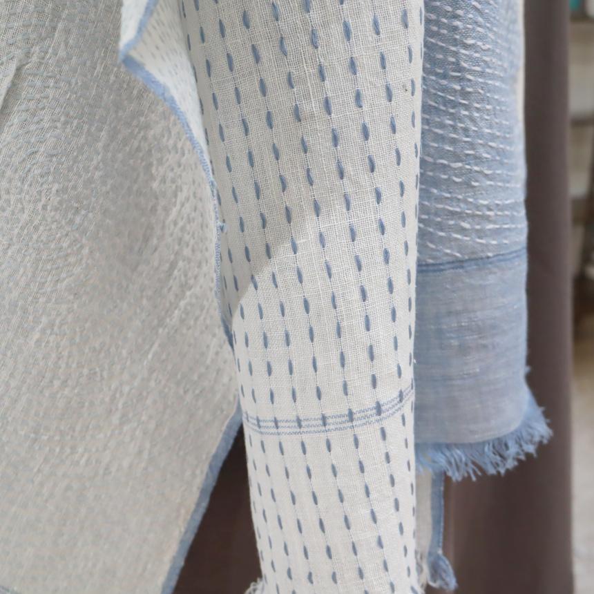 手刺繍 ストール 綿麻混 ブルーｘホワイト バイカラー 幾何学柄 カディ インド　 | ブランド登録なし | 04