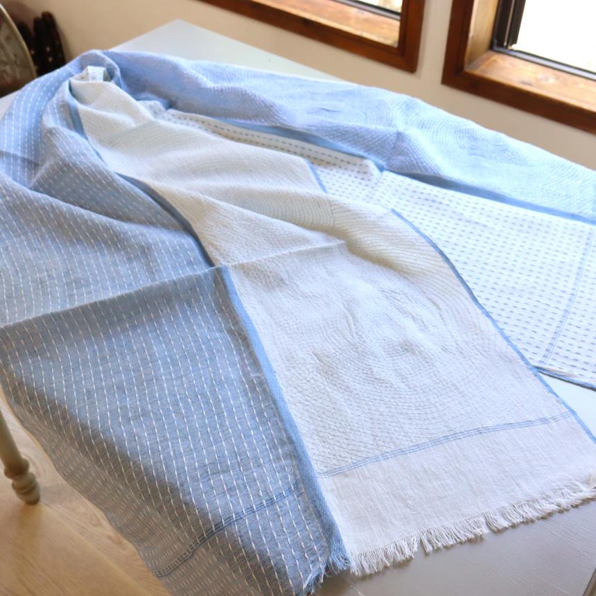手刺繍 ストール 綿麻混 ブルーｘホワイト バイカラー 幾何学柄 カディ インド　 | ブランド登録なし | 05