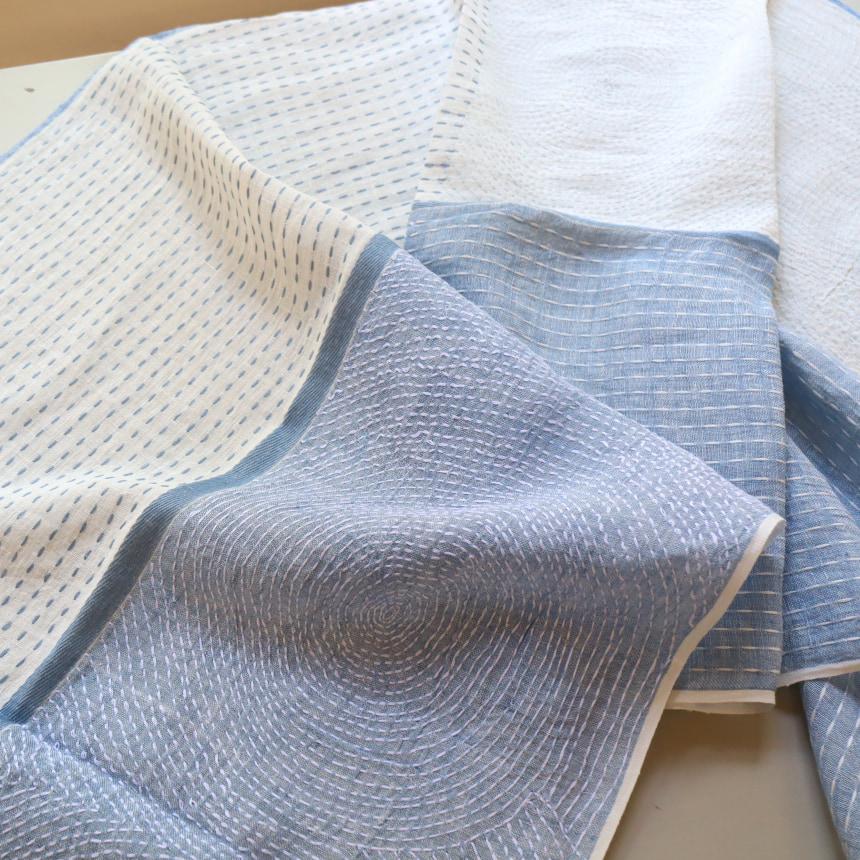 手刺繍 ストール 綿麻混 ブルーｘホワイト バイカラー 幾何学柄 カディ インド　 | ブランド登録なし | 06