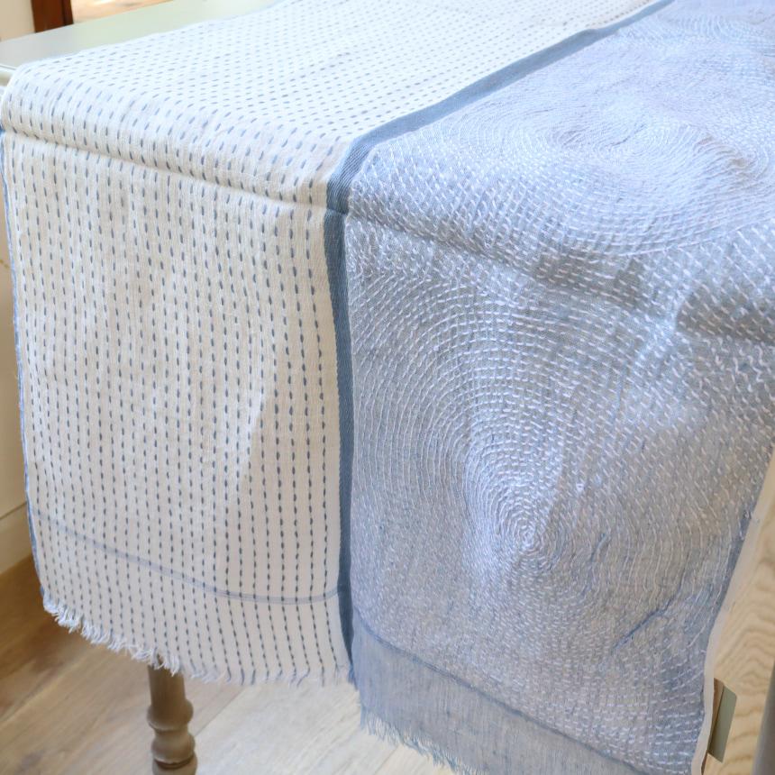手刺繍 ストール 綿麻混 ブルーｘホワイト バイカラー 幾何学柄 カディ インド　 | ブランド登録なし | 07