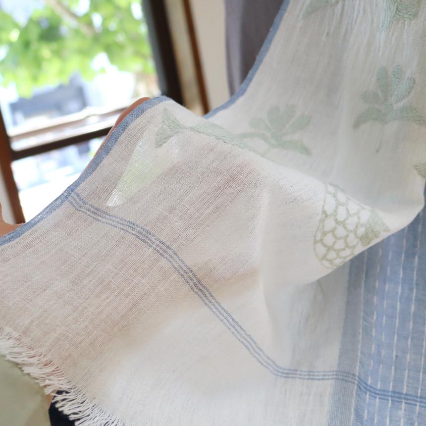 手刺繍 ストール 綿麻混 ブルーｘホワイト バイカラー 魚柄 カディ インド　 | ブランド登録なし | 04