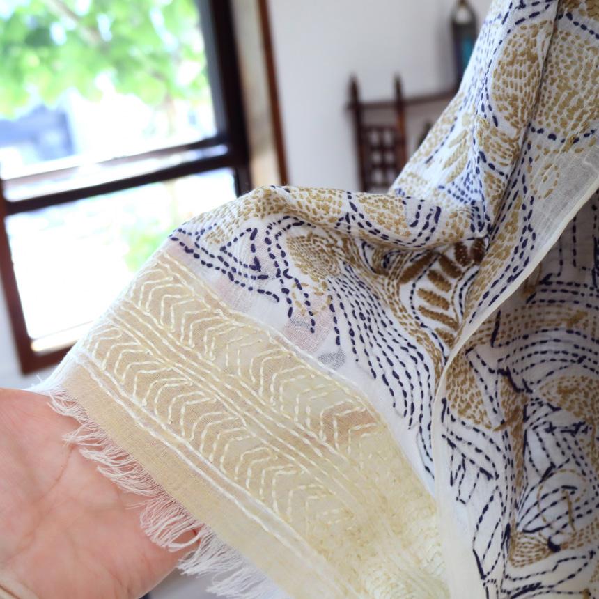 手刺繍 コットストール インド カディボタニカルxイエロー バイカラー