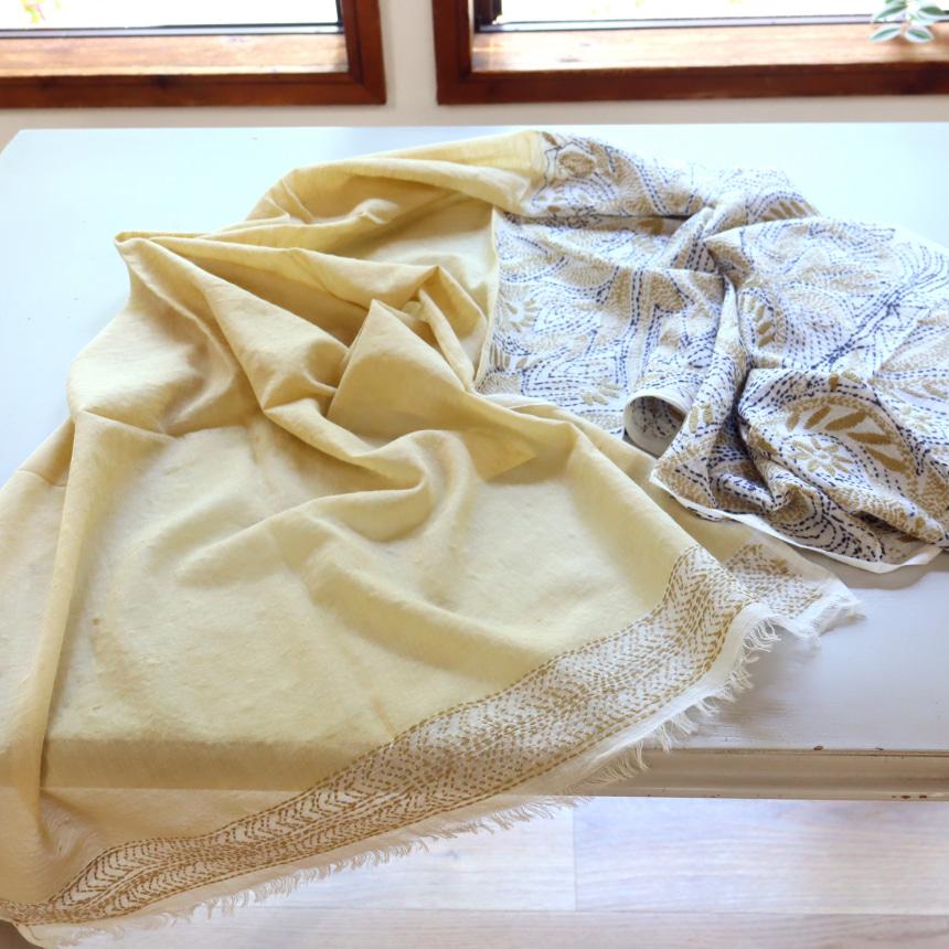 手刺繍 コットストール インド カディボタニカルxイエロー バイカラー