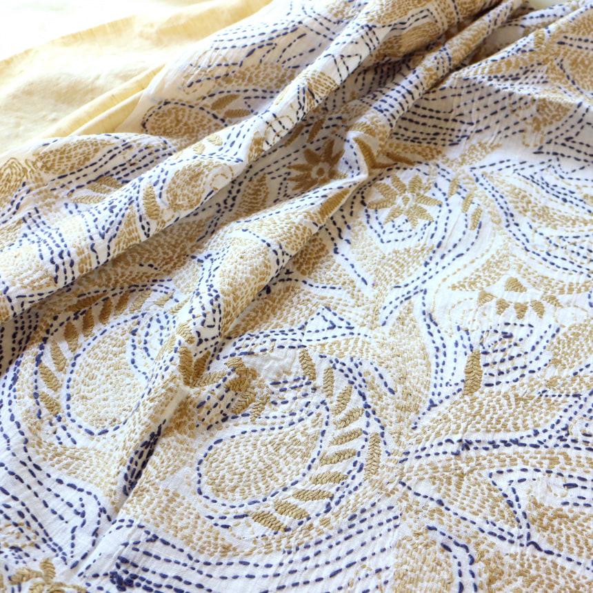 手刺繍 コットストール インド カディボタニカルxイエロー バイカラー