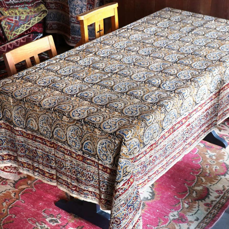 インド更紗 カラムカーリ　木版ブロックプリント 246x146cm ブルー＆オリーブ＆レッド/ペイズリー柄 | ブランド登録なし