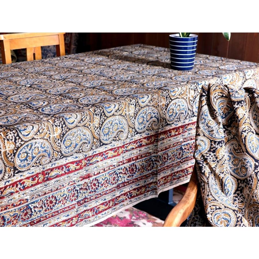 インド更紗 カラムカーリ　木版ブロックプリント 246x146cm ブルー＆オリーブ＆レッド/ペイズリー柄 | ブランド登録なし | 02