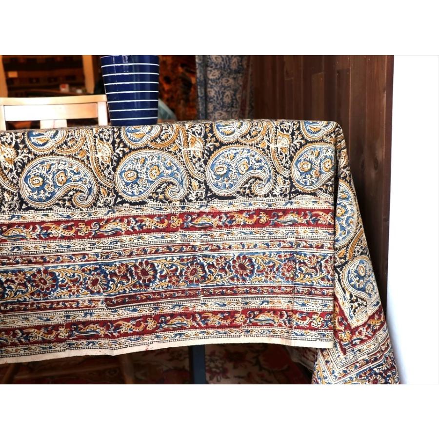 インド更紗 カラムカーリ　木版ブロックプリント 246x146cm ブルー＆オリーブ＆レッド/ペイズリー柄 | ブランド登録なし | 04