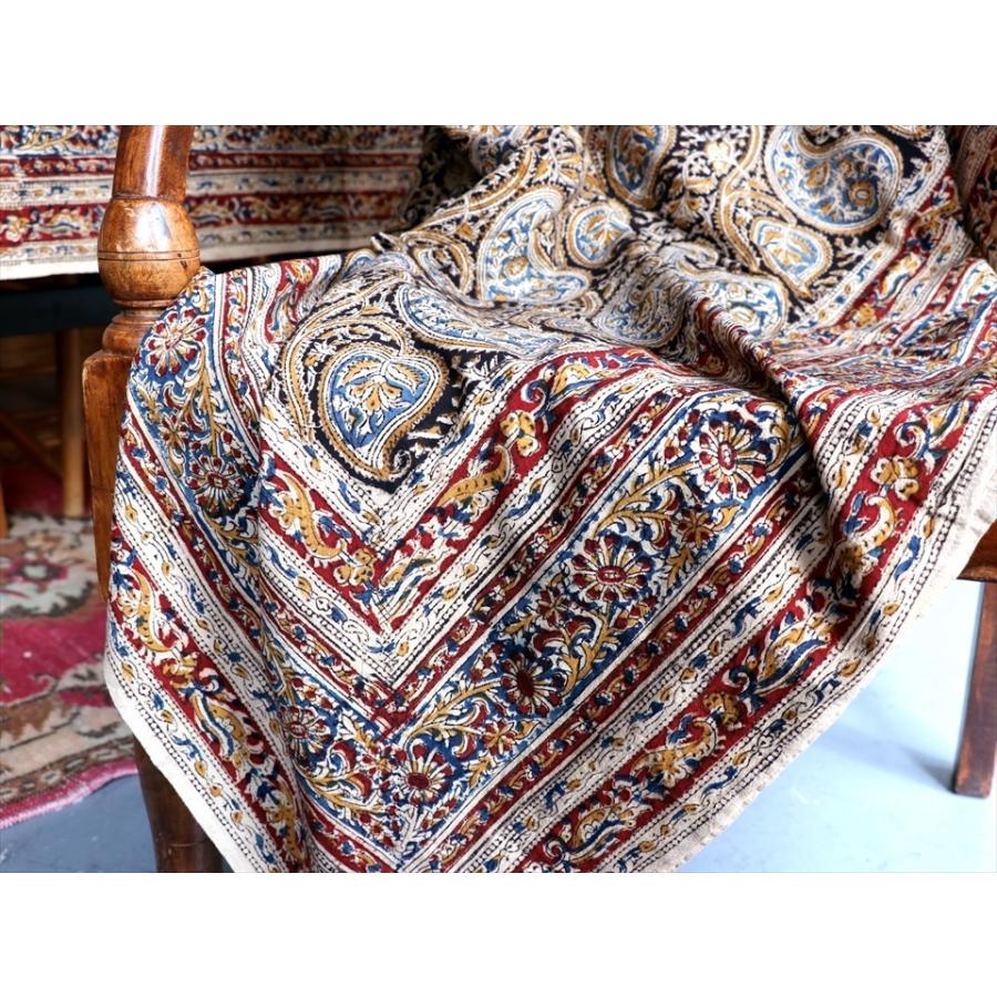 インド更紗 カラムカーリ　木版ブロックプリント 246x146cm ブルー＆オリーブ＆レッド/ペイズリー柄 | ブランド登録なし | 05