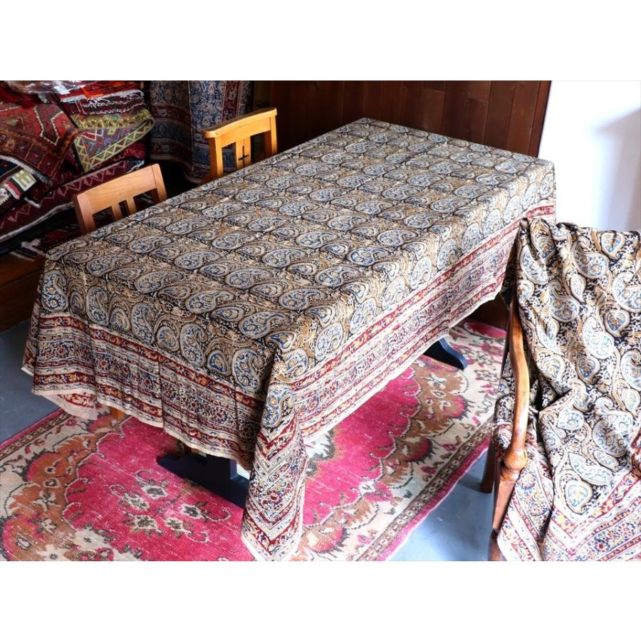 インド更紗 カラムカーリ　木版ブロックプリント 246x146cm ブルー＆オリーブ＆レッド/ペイズリー柄 | ブランド登録なし | 07
