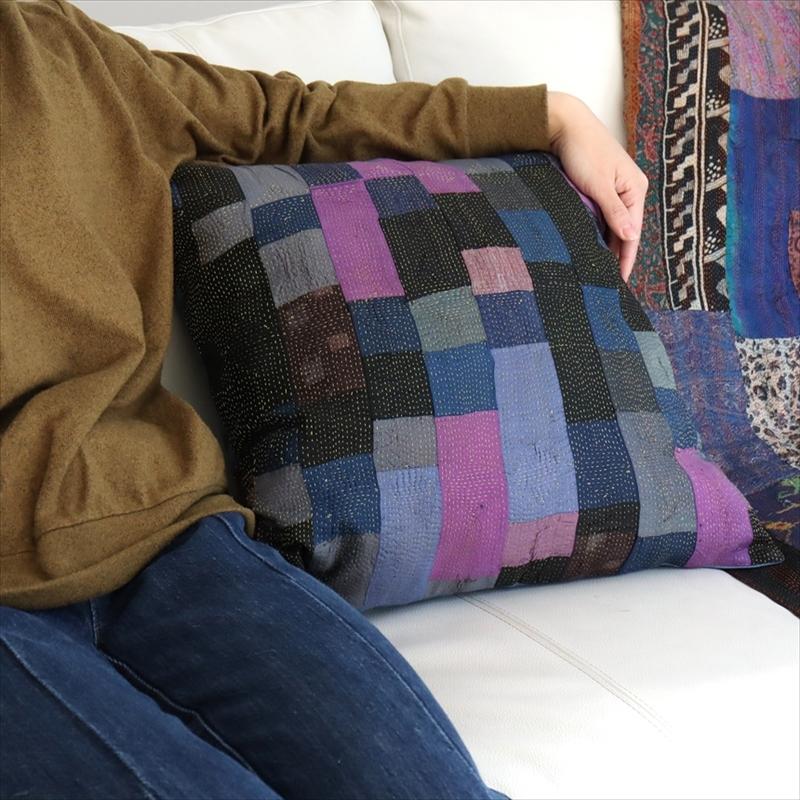 カンタ刺繍　シルク　クッションカバー44×44cmモザイクパッチワーク　パープルグラデーション | ブランド登録なし | 06