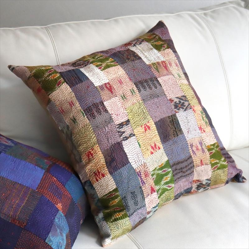 カンタ刺繍　シルク　クッションカバー50×50cmモザイクパッチワーク　マスタード＆パープル | ブランド登録なし | 01