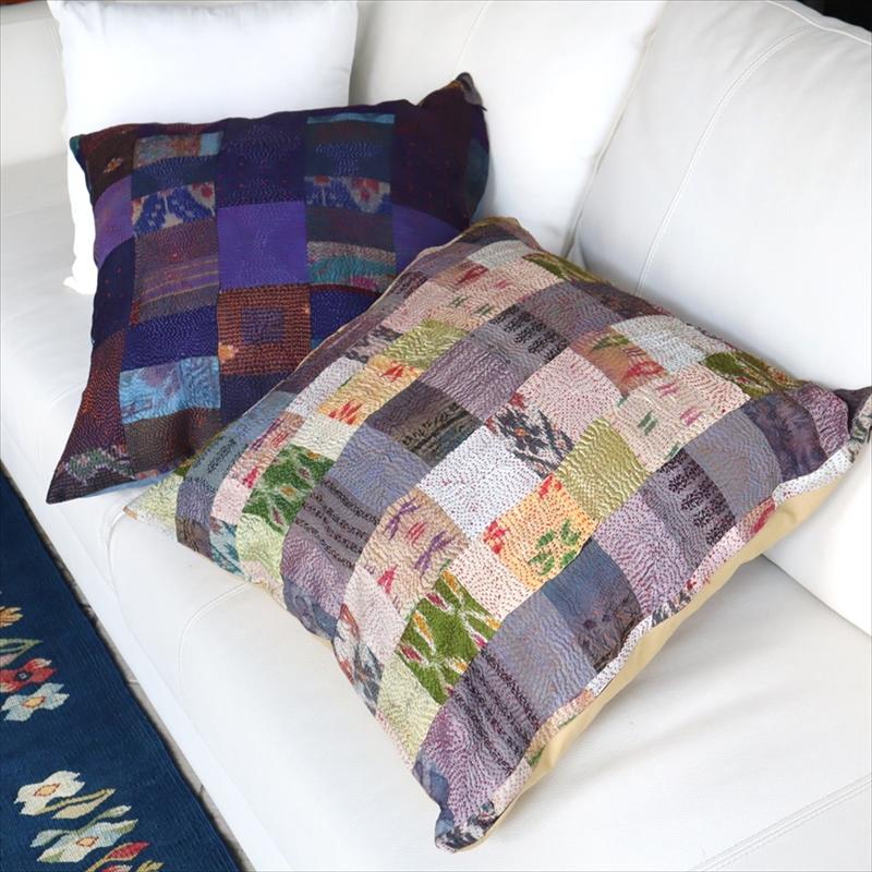 カンタ刺繍　シルク　クッションカバー50×50cmモザイクパッチワーク　マスタード＆パープル | ブランド登録なし | 02