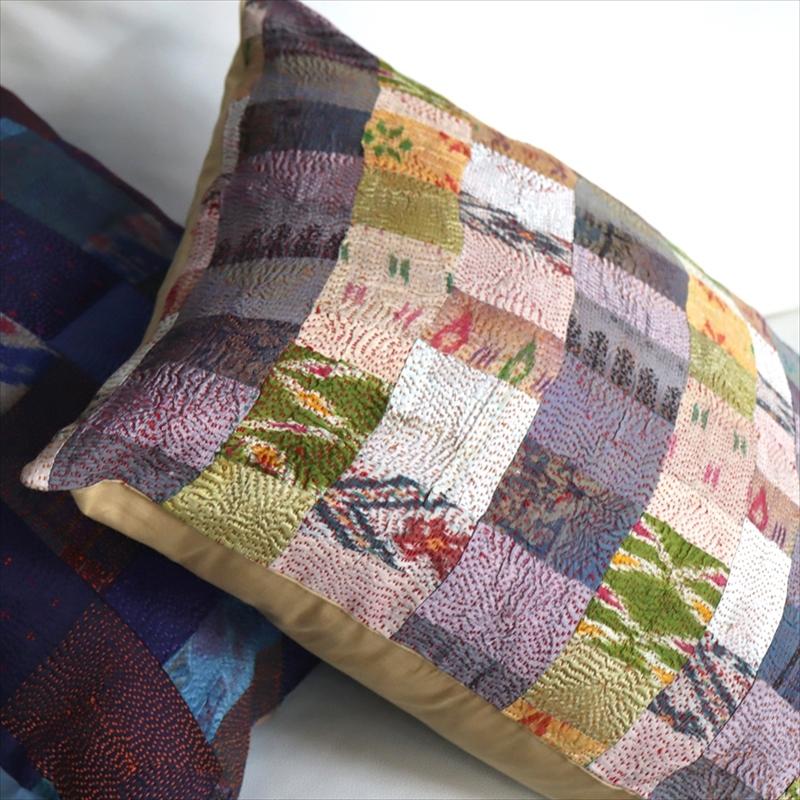 カンタ刺繍　シルク　クッションカバー50×50cmモザイクパッチワーク　マスタード＆パープル | ブランド登録なし | 04