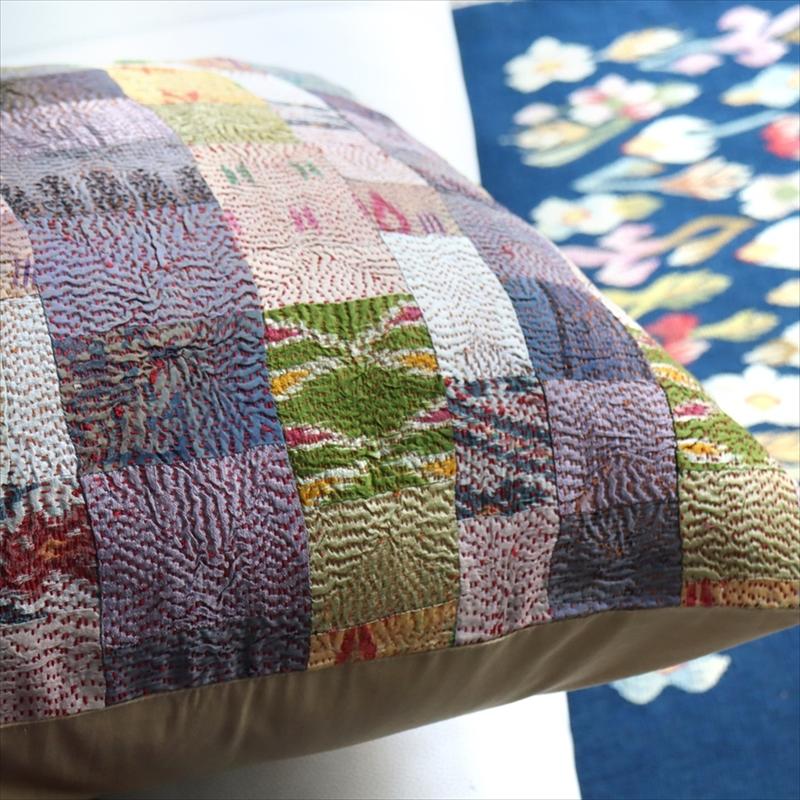 カンタ刺繍　シルク　クッションカバー50×50cmモザイクパッチワーク　マスタード＆パープル | ブランド登録なし | 05