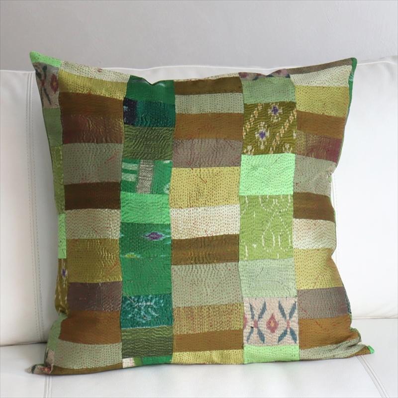 カンタ刺繍　シルク　クッションカバー51×51cmモザイクパッチワーク　グリーングラデーション | ブランド登録なし