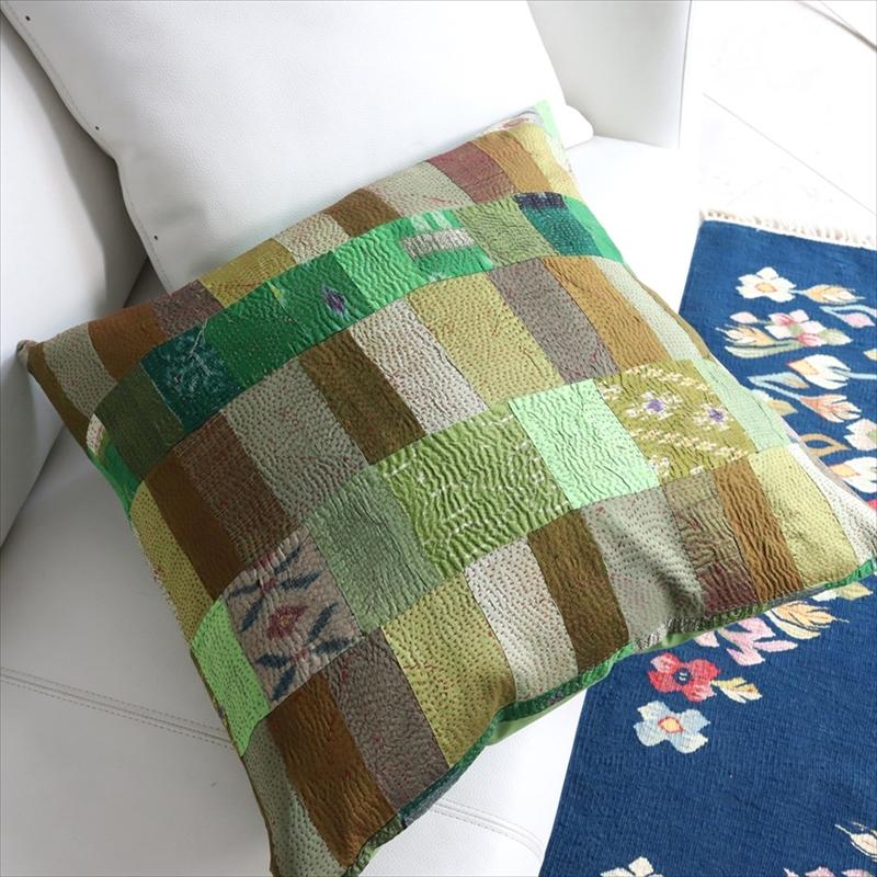 カンタ刺繍　シルク　クッションカバー51×51cmモザイクパッチワーク　グリーングラデーション | ブランド登録なし | 02